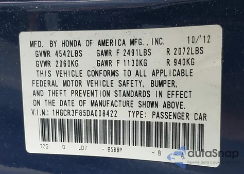 2013 Honda Accord Exl из США, поврежденный, VIN 1HGCR3F85DA008422
